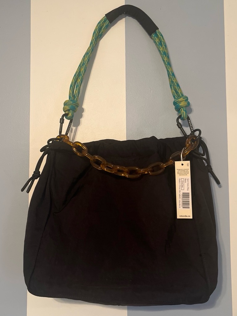 Rotunda Sant Hobo Bag with Green Braided Rope Handle and Amber Chain Accent